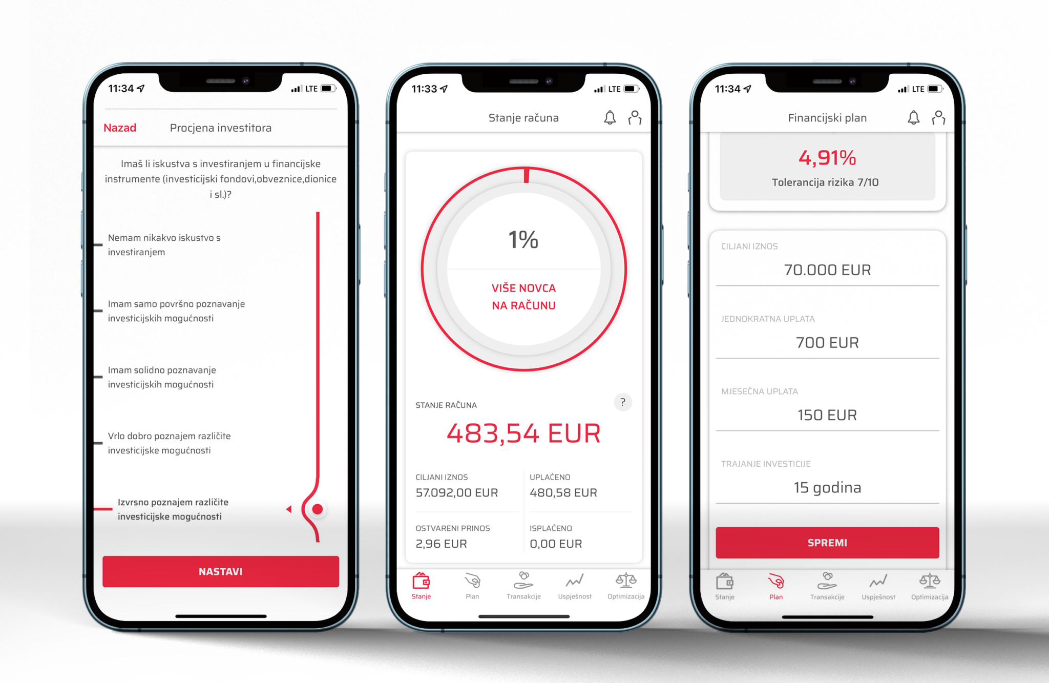 Ekrani mobilne aplikacije Genius by InterCapital, prikaz stanja računa, upitnika registracije i financijskog plana ulaganja