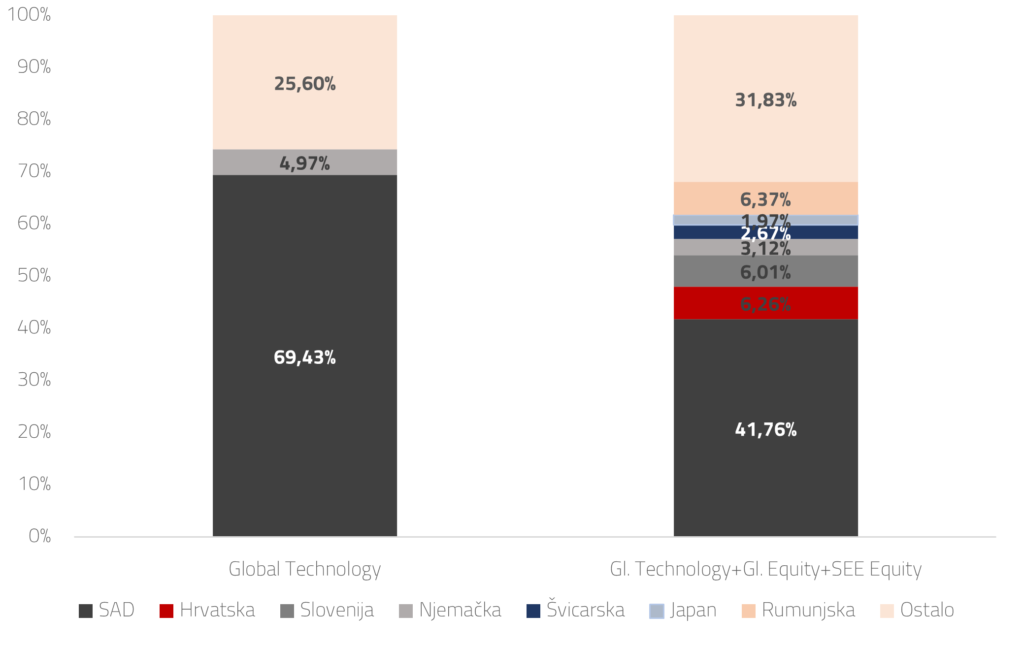 Investiranje - graf s prikazom diverzifikacije investicije na više država putem portfelja fondova